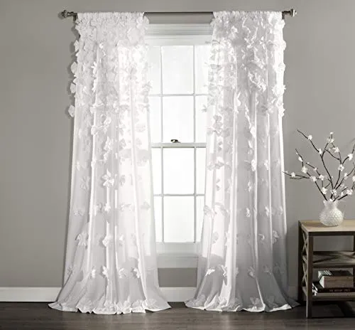 Lush Decor Riley Fenstervorhang, halbtransparent, gerüscht, strukturierte Schleife, Fensterpaneel für Wohnzimmer, Esszimmer, Schlafzimmer (Einzelbett), 137 cm B x 240 cm L, Weiß