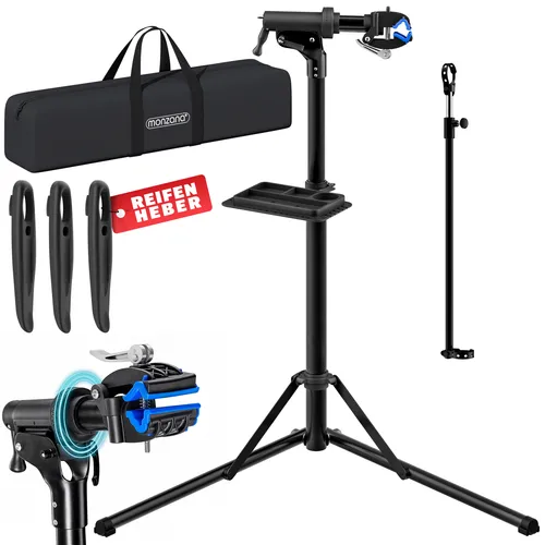 Monzana Fahrrad-Montageständer 109172 - E-Bike, höhenverstellbar von 104-159cm, 360° drehbar und bis 50kg tragbar, inklusive magnetischer Werkzeugablage und Tasche