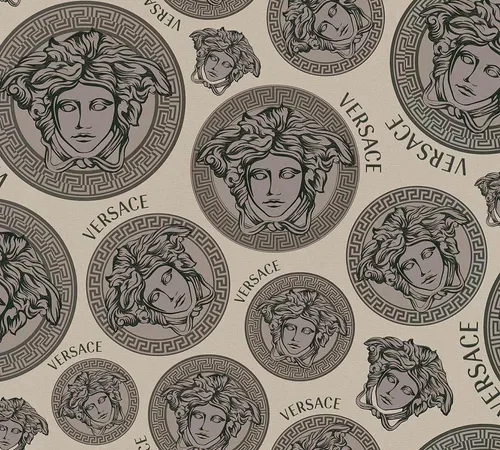 Versace Home Designer Tapete Beige Grau mit Medusa-Kopf Logo - Moderne Wandtapete in Beige und Grau, abziehbar und gut lichtbeständig – ideal für stilvolle Wohnräume.
