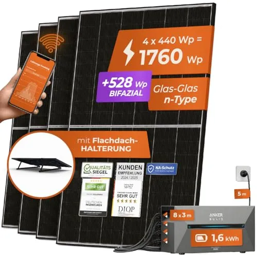 Solarway® All In One Balkonkraftwerk mit Speicher 1800W komplett Steckdose - 1,6 kWh Anker Solix 2 PRO Speicher - Solaranlage Komplettset - 440W Solarmodule & Anker Speicher & Zubehör