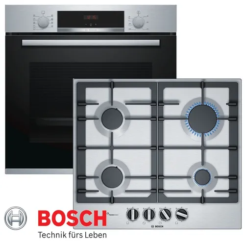 Bosch Autark Herdset: Einbau Backofen Umluft + GAS Kochfeld - Energieeffizientes Herdset mit 71L Kapazität, Grill- und Pizza-Funktion sowie Kindersicherung für sicheres Kochen. Ideal für moderne Küchen.