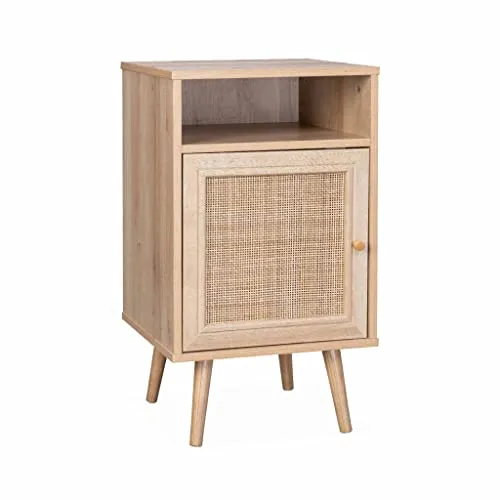 Nachttisch mit Rattangeflecht - Bohème - 40x39x65,8cm - Skandinavischer Nachttisch mit 2 Ebenen und Tür, bietet stilvollen Stauraum und verleiht deinem Schlafzimmer einen charmanten Look.