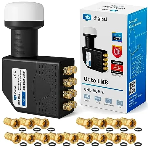 hb-digital Octo LNB - 8 Teilnehmer Full HD 4K - Ideal für den direkten Anschluss von bis zu 8 Teilnehmern ohne zusätzlichen Multischalter. Mit nur 0,1 dB Rauschzahl und wetterfestem Gehäuse für zuverlässigen Empfang in jeder Umgebung.