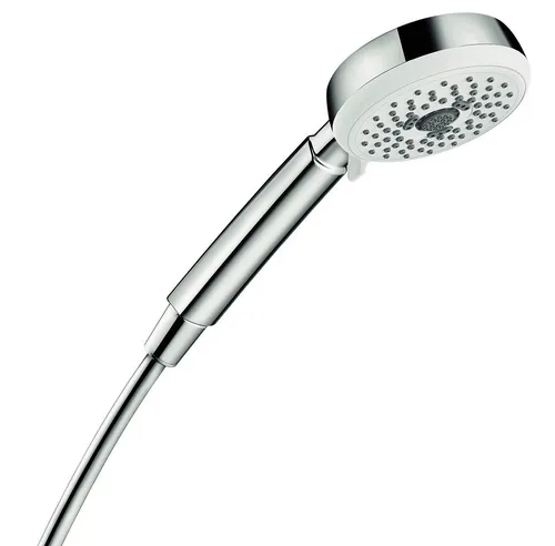 Hansgrohe Handbrause Crometta 100 Multi, 26823400, Duschkopf mit 3 Strahlarten, Strahlartenumstellung Drehscheibe, QuickClean Antikalkfunktion, Brausekopf Ø 11 cm, Weiß-Chrom, 20821 5