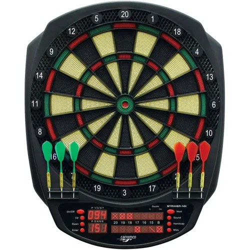 Carromco Dartscheibe STRIKER-401, 3-Loch, rot-grün-beige-schwarz - Elektronisches Dartboard für bis zu 8 Spieler mit 34 Spielen und 584 Variationen, ideal für Anfänger dank 3-Loch-Abstand – perfektes Darts-Set für spannende Spieleabende!