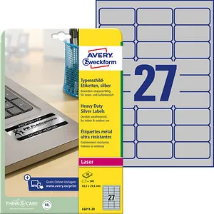 Avery Zweckform L6011-20 Typenschild-Etiketten, 540 Stück - Etiketten für permanente Kennzeichnung, strapazierfähig und wasserfest. Ideal für Inventarisierung und Lager, garantiert staufreier Druck auf Laserdruckern.