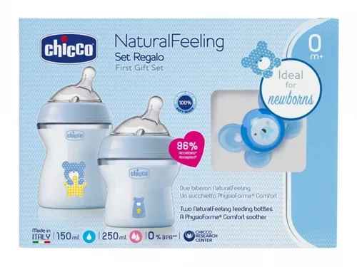 Chicco NaturalFeeling Set: Flaschen 150ml & 250ml, Schnuller Blau - Praktisches Set mit zwei Flaschen und einem Schnuller, ideal für die Babypflege. Spülmaschinenfest und wiederverwendbar für eine einfache Handhabung.