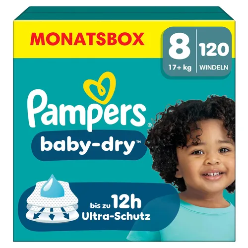 Pampers Baby-Dry Größe 8, 120 Windeln - WINDELN mit bis zu 100% Auslaufschutz und Komfort die ganze Nacht. Extra Trockenheitslage und Flexi-Seitenflügel für eine perfekte Passform.