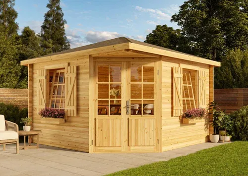 Alpholz Gartenhaus 5-Eck Monica Royal - Imprägniertes Pinienholz - Gartenhäuser aus Blockbohlen, mit doppeltem Dreh-Kipp Fenster und robustem Spitzdach. Ideal für Gartenliebhaber, die ein stilvolles und langlebiges Holzhaus suchen.