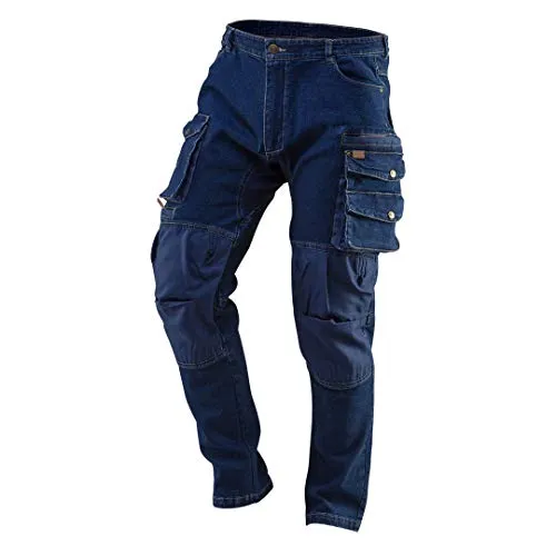 NEO TOOLS Herren Arbeitshose Denim - Robuste Arbeitskleidung mit 8 Multifunktionstaschen, verstärkten Nähten und Knietaschen für Knieschoner. Ideal für Handwerk und Bau, aus strapazierfähigem Mischgewebe für optimale Bewegungsfreiheit.