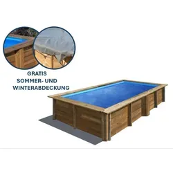 GRE Rechteckiger Echtholzpool LEMON 375 x 200 x 68 cm - Swimmingpool aus hochwertiger französischer Kiefer, winterfest und robust. Inkl. GRATIS Sommerabdeckung und Kartuschenfilteranlage für kristallklares Wasser.