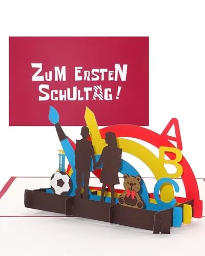 3D Karte „Zum Ersten Schultag!“ - Pop Up Karte zur Einschulung als Einladung, Geldgeschenk, Gutschein, Einladungskarten & Geschenk für die Schultüte – bunte Pop Up Karte für Jungen & Mädchen