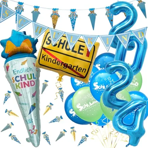 Oblique Unique® Schuleinführung Einschulung Schulanfang Deko Set Folien Ballons + Girlanden + Konfetti + Luftballons Schulkind Zuckertüten Motiv für Jungen