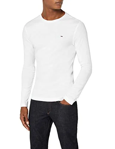 Tommy Jeans Herren Langarmshirt TJM Original, Weiß (Classic White), L - Tops für Herren: Angenehmes Baumwoll-Langarmshirt im Slim Fit mit Rundhalsausschnitt, ideal für Freizeitlooks und Büro-Outfits.