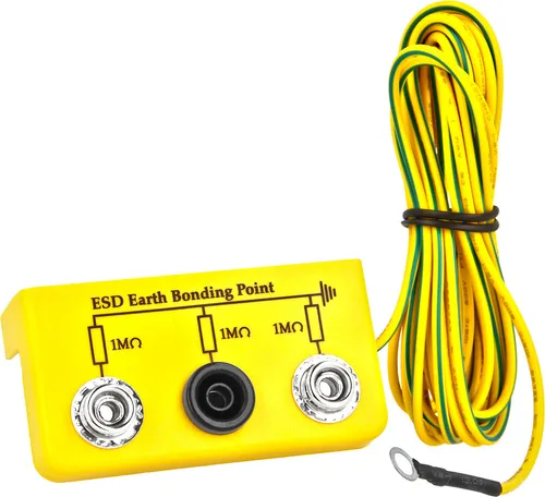 Minadax Erdungsbox - ESD-Schutz - Zentraler Erdungsanschluss - 1 x 4 mm Bananenstecker und 2 x 10 mm Druckknopf-Buchse - 1 Megaohm Sicherheitswiderstand