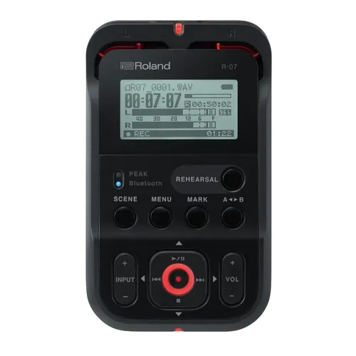Roland R-07 Audiorecorder - Hochauflösender, tragbarer Audiorecorder mit 1-touch-Szenenauswahl und Bluetooth für kabelloses Abhören – ideal für Musiker und Journalisten.