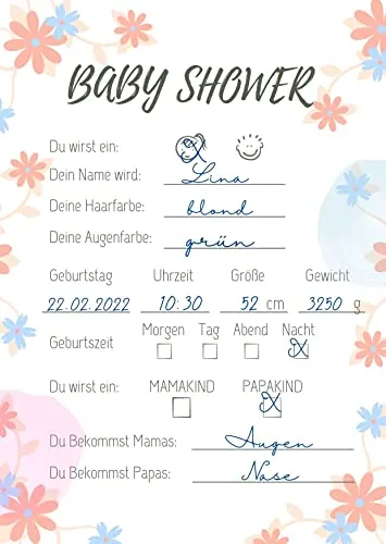 EMI&SAM Babyparty Wunschkarten Karten Junge & Mädchen Wünsche Baby Shower 20 St (Blumen Orange)