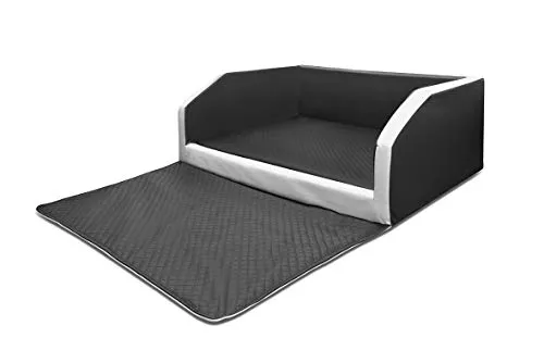Mayaadi Home Premium Hundebett - 100 x 70 x 38 cm | Hochwertiger Autositz für Deinen Hund | Autohundebett mit Schutzdecke, Kofferraum Bett aus Kunstleder | Travel Duo Schwarz-Weiss - M