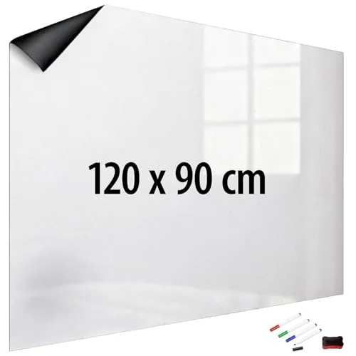 infactory Magnetfolie: Magnetische Whiteboard-Folie, selbstklebend, 4 Marker, 120 x 90 cm (Magnetfolie Kühlschrank, Whiteboard Folie abwischbar, Stifte)