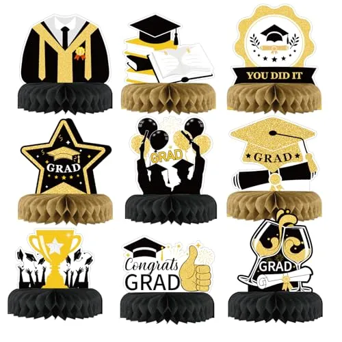 HONMOK 9 Stück Abschluss Deko 2024 Graduation Deko Bienenwaben Schwarz Gold Abitur Waben Mittelstück Tischaufsätze für Abi Prüfung Bestanden Abschlussfeier Schulabschluss Tischdekoration