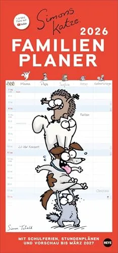 Simons Katze Familienplaner 2026: Familienkalender mit 5 Spalten. Humorvoll illustrierter Familien-Wandkalender mit Schulferien und Stundenplänen. (Familienplaner Heye)