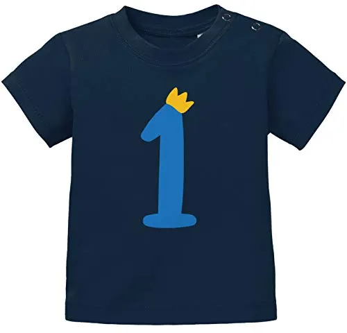 MoonWorks® Baby T-Shirt 1. Geburtstag Zahl 1 mit Krone Geburtstagsshirt Aufdruck Alter Kurzarm Bio-Baumwolle dunkelblau-blau 92/98 (16-24-Monate)