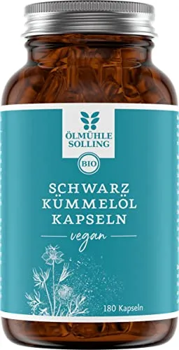 ÖLMÜHLE SOLLING - BIO Schwarzkümmelöl Kapseln - Vegane Kapseln mit hochwertigem Bio-Schwarzkümmelöl, reich an ungesättigten Fettsäuren. Ideal für die tägliche Ergänzung Ihrer Ernährung. Inhalt: 180 Kapseln.
