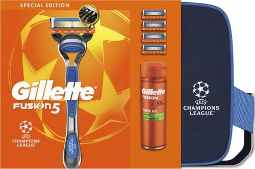 Gillette Fusion5 Champions League Special Edition Geschenkset - Handrasursets für Herren, perfektes Geschenkset für eine sanfte Rasur und umfassende Hautpflege mit Rasiergel, Rasierer und Klingen.