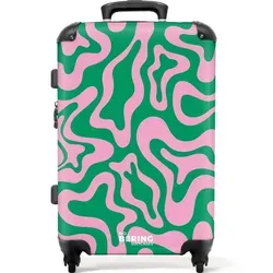 NoBoringSuitcases.com© Hartschalen-Trolley Grün mit rosa abstraktem Muster 67 cm - 72 L, 4 Rollen, Hartschalenkoffer Mittel Groß für 20kg, Frauen Reisekoffer Trolley bunt 43 cm x 67 cm x 25 cm