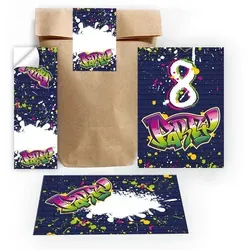 JUNAPACK Einladungskarten Graffiti zum 8. Geburtstag Einladungen Karten mit Umschlägen Mitgebsel, Mitgebsel Set mit Graffiti für Kinder zum achten Geburtstag