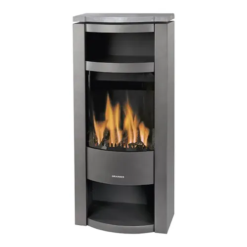 Oranier Gaskaminofen Main Panorama 4,2 kW Anthrazit - Industrieller Gaskaminofen mit geräumigem Warmhaltefach, ideal für gemütliche Abende und effiziente Wärmeversorgung.