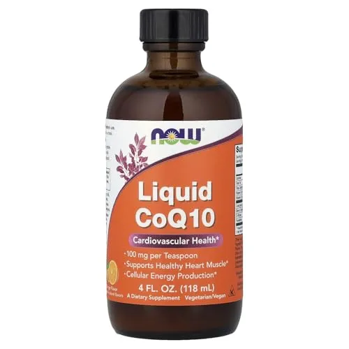Flüssiges CoQ10 - NOW Foods CoQ10 Liquid 118 ml - Nahrungsergänzungsmittel mit 100 mg CoQ10 pro 5 ml, mildem Orangengeschmack und ideal zum Mischen mit Wasser oder Saft für eine einfache Einnahme.