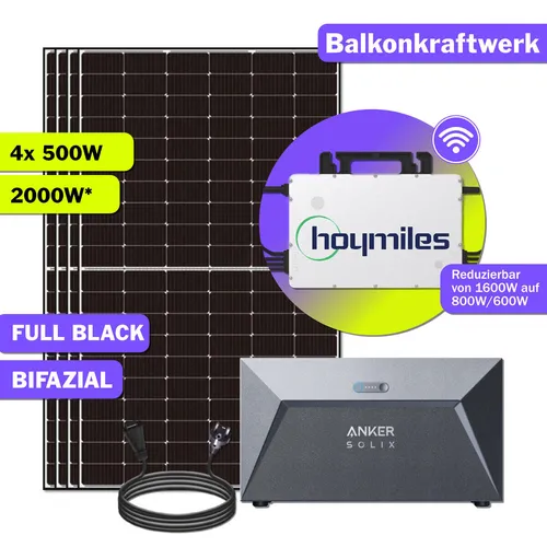 Balkonkraftwerk 2000W Bifazial mit Anker Speicher & Hoymiles HMS1600 Komplettset - Solarmodule für effiziente Energiegewinnung, witterungsbeständig und mit 25 Jahren Garantie. Ideal für Heim- und Gartenanwendungen, einfach zu installieren dank Plug & Play.