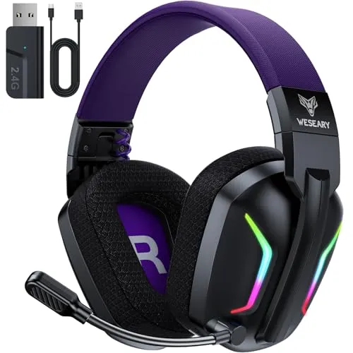 WESEARY WG1 Bluetooth Headset, 2,4G Wireless Gaming Headset mit Mikrofon für PS5, PS4, PC, Switch, Mac, Faltbarer Surround Sound Noise Cancelling Kopfhörer mit LED Licht, Über 50 Stunden Akkulaufzeit