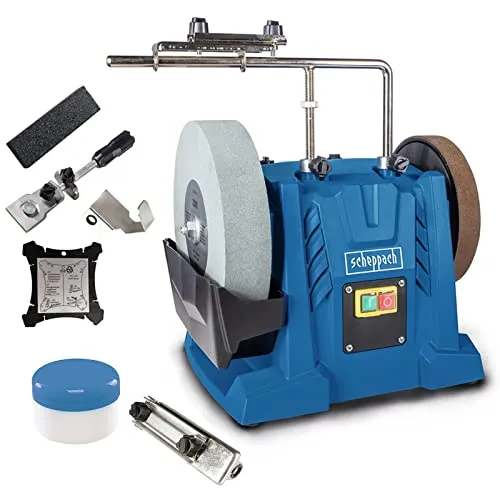Scheppach Nass-Trockenschleifer TIGER 7000S - 200W, 250mm Korund-Schleifstein, inkl. Homekit-Zubehör und vielseitigen Schleifvorrichtungen in blau