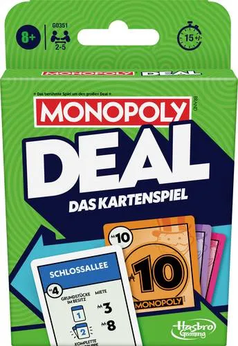 Hasbro Monopoly Deal Kartenspiel für 2-5 Spieler - Deckkartenspiel für ab 8 Jahre, schnelles Spielvergnügen in nur 15 Minuten, ideal für unterwegs, mit Aktionskarten für strategisches Spielen.