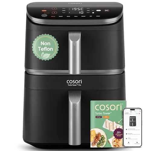 COSORI Turbo Tower Pro Smart Airfryer 10,8L – Heißluftfritteuse mit DualBlaze-Technologie - Erleben Sie die Vielseitigkeit der COSORI Heißluftfritteuse mit 10,8L Kapazität und Keramikbeschichtung. Perfekte Ergebnisse dank DualBlaze-Technologie und WLAN-Steuerung für komfortables Kochen.