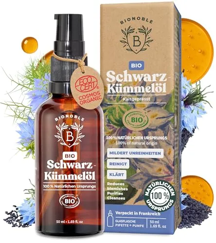 BIONOBLE Schwarzkümmelöl Bio Kaltgepresst - 100% Natürlich, Ohne Hexan - Mildert Unreinheiten - Schwarzkümmelöl Gesicht, Haare, Haut - Vegan Black Seed Oil - Glasflasche, Pipette, Pumpe - 50ml