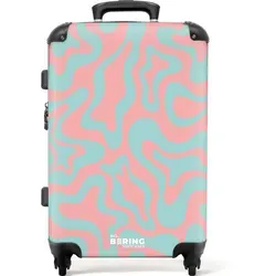 NoBoringSuitcases.com© Hartschalen-Trolley Rosa mit blauem abstraktem Muster 67 cm - 72 L, 4 Rollen, Hartschalenkoffer Mittel Groß für 20kg, Frauen Reisekoffer Trolley bunt 43 cm x 67 cm x 25 cm