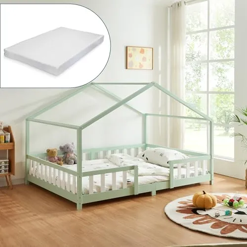 en.casa Kinderbett »Treviolo« mit Matratze Mintgrün 120x200 cm - Gemütliches Hausbett aus Kiefernholz für Kinder, inklusive allergikergeeigneter Kaltschaummatratze. Ideal für einen sicheren und erholsamen Schlaf mit Rausfallschutz und einfachem Aufbau.