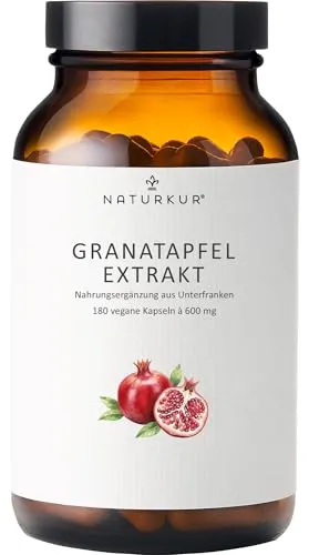 Naturkur® Granatapfel Extrakt 600mg - 180 Kapseln im Apothekerglas - 40% Ellagsäure - vegan, ohne Zusatzstoffe, hergestellt in Unterfranken