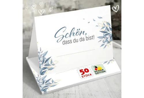 Funke & Brand Grußkarten 50x Tischkarten Hochzeit Schön, dass du da bist Floral Blau