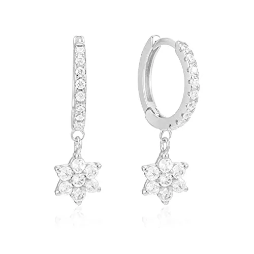 Brandlinger ® Ohrringe hängend. Creolen mit Anhänger Blüte mit Zirkonia Stein. Schmuck Damen vergoldet mit 18 Karat (Silber und Gold) für Frauen und Mädchen. Durchmesser Creolen 14mm. (Silber)