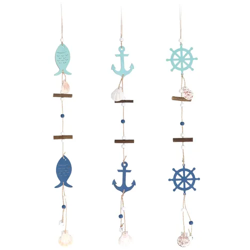 com-four® 3X Hängedeko Maritim - Dekoration zum Aufhängen - Steuerrad, Anker und Fische aus Holz mit Muscheln - Hängedeko (3 Stück - bunt 60cm)