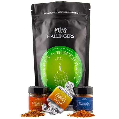 Hallingers Genuss Manufaktur Feinkost Geburtstagsgeschenk-Set - wertig in der Wundertüte "Happy Birthday ..." kleiner Geburtstagsgruß Nougat-Busserl, Steak- & Grill-Gewürz, Geschenke für Männer Freund