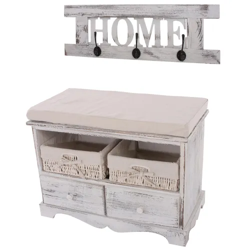 Garderobe mit Sitzbank und 2 Körben – Shabby-Look, Vintage, Weiß - Drohnen-Zubehör: Praktische Garderobe mit Sitzbank, 2 Körben und 4 Schubladen für optimalen Stauraum. Komplett montiert und sofort einsatzbereit – ideal für Ihr Zuhause!