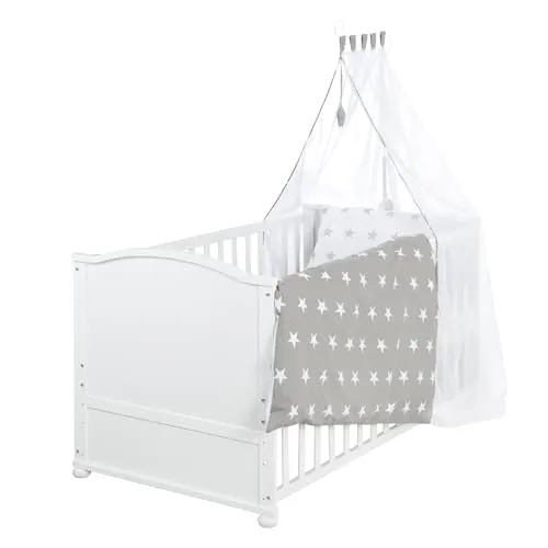 roba® Babybett Little Stars - inkl. Bettwäsche & Matratze - Modernes Babybett 70x140 cm, 3-fach höhenverstellbar und mit Umbauecken für eine lange Nutzungsdauer vom Baby- bis zum Juniorbett.
