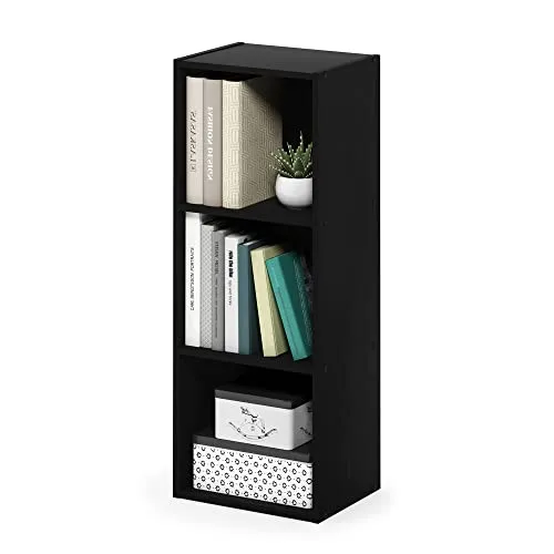Furinno Pasir 3-stufiges Bücherregal mit offenem Regal ohne Werkzeugmontage, Schwarzes Holz