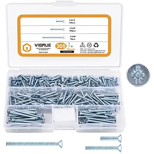 VIGRUE 305 Stück Geräteschrauben für Schalterdosen, Dosenschrauben 3,2x15mm, 3,2x25mm, 3,2x40mm, Steckdosen Schrauben aus Stahl Verzinkt mit PZ1/Schlitz