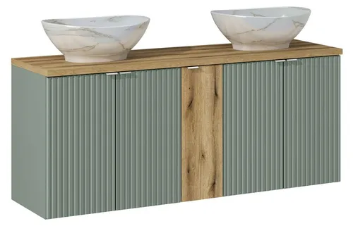 Doppelwaschtisch 140cm Jade in Grün und Holzoptik - Eleganter Doppelwaschtisch 140cm mit 5 Türen und 2 Aufsatzwaschbecken, ideal für moderne Badezimmer. Hochwertige Materialien und geräuscharmes Schließsystem sorgen für eine stilvolle und praktische Nutzung.